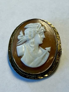 Lovely Estate Carved Shell Athena Cameo Pin Engraved Gold Filled Setting EUC - Picture 1 of 4