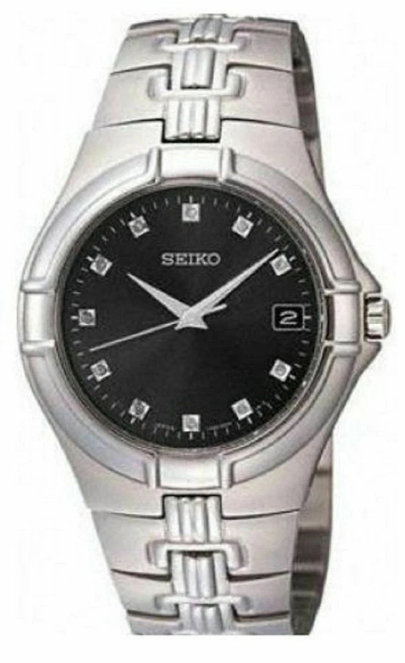 Seiko SGEE25 Diamond Accent Black Dial Silver Tone Date Men's Watch - $350 - Image 1 of 1