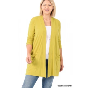 Plus Size Cardigan Sweater Large Slouchy Pockets Golden Unique Wasabi Color - Picture 1 of 9