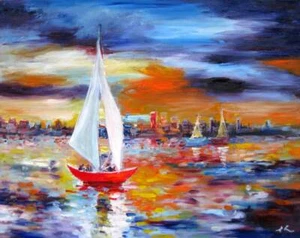 Original Oil Painting Sunset Lake One of a Kind 22x28" Julia Lu - Picture 1 of 4