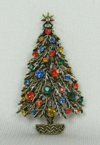 VTG 1950s 60s SIGNED ART CRYSTAL CHRISTMAS TREE BROOCH 2 7/16" TALL - Picture 1 of 12