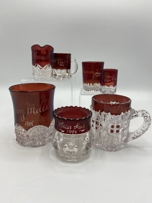 Estate Lot Of 7  RUBY RED FLASH CUT TO CLEAR SOUVENIR Glass NYC /roh - Image 1 of 4