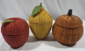 (3) Vintage Rattan Lemon Apple Pumpkin Shaped Baskets w/Lids Set - Picture 1 of 9