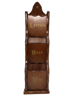 Vtg Wooden Wall Hanging Mail Sorter Organizer Letters Bills Misc 3 Slot Pocket - Image 1 of 4