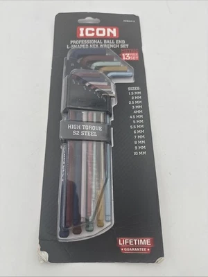 NEW Icon Professional Ball End L-Shaped Hex Wrench SAE SET 13pc Color Code 57926 - Image 1 of 3