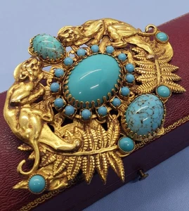 Broche Raro Askew Londres Tono Dorado Turquesa Egipcio Pantera Helecho Motivo - Imagen 1 de 6