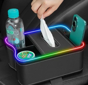 Car Armrest Storage Box 2 Drink Cup Holders 7-Colour LED Lights Car Organiser - Picture 1 of 14