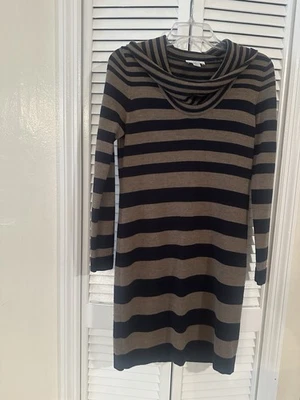 Vestido Suéter Ann Taylor Loft Mezcla Lana Merino Capucha Cuello Talla MP Negro Marrón Foto 1 de 4