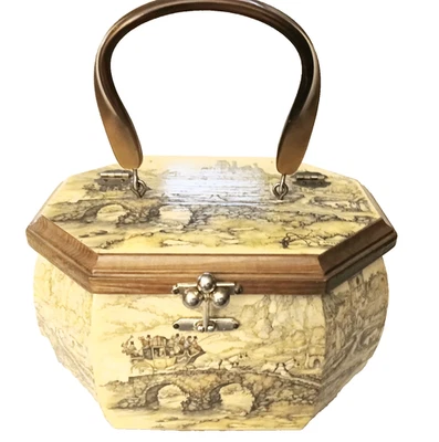 Cartera De Colección Anton Pieck Madera Octágono Decoupage Caja Lucite Mano Rarael Forrada Foto 1 de 4