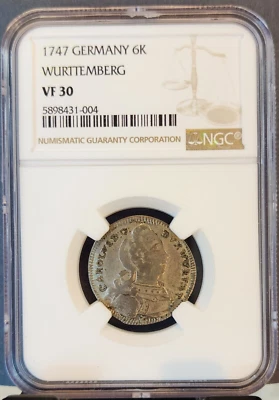 1747 GERMANY SILVER 6 KREUZER 6K WURTTEMBERG DUKE KARL EUGEN NGC VF 30 SCARCE - Image 1 of 3