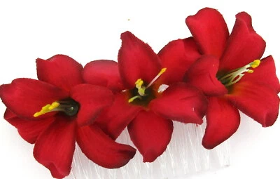 Triple 2" Red Lily Silk Flower Hair Comb,Wedding,Prom,Dance - Image 1 of 3