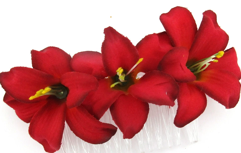 Triple 2" Red Lily Silk Flower Hair Comb,Wedding,Prom,Dance - Image 1 of 3
