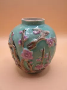 Antique / Vintage Chinese Turquoise Glazed Miniature Vase With Plum Blossoms - Picture 1 of 5