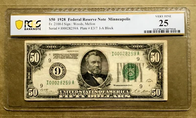 1928 $50 FRN 🏆 MINNEAPOLIS 🏆 KEY NUMERIC 9 DISTRICT  [] Ser# I 00028259 A - Image 1 of 3
