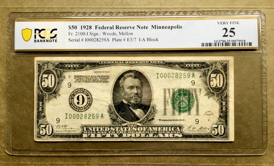 1928 $50 FRN 🏆 MINNEAPOLIS 🏆 KEY NUMERIC 9 DISTRICT  [] Ser# I 00028259 A - Image 1 of 3