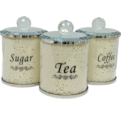 Juego de 3 frascos de almacenamiento latas té café azúcar con elementos de perlas Foto 1 de 4
