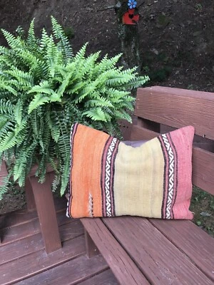 Funda de almohada turca Kilim almohada hecha de alfombra tejida a mano vintage 20x16"  Foto 1 de 4