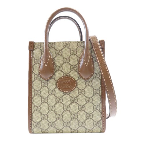 GUCCI GG GHW Mini Tote Bag Borsa a 2 Vie ad Incastro 671623 Tela Rivestita Marrone