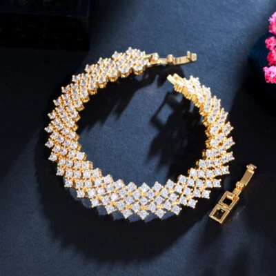 Brillante Redondo Circonita Cúbica Ancho Tenis Boda Brazalete Plateado Mujer Regalo Foto 1 de 4