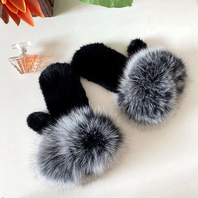 100% Real Mink Fur Gloves Full Finger Mittens Real Fox Fur Cuffs High Elastic - Image 1 of 4