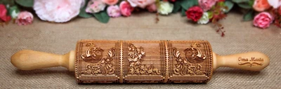 Embossed rolling pin Xmas gifts Baking Tool  Cookie Springerle mold Clay stamp - Image 1 of 4