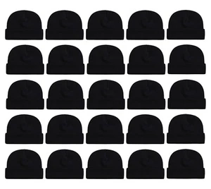 25 Pack Kids Winter Beanies, Knitted Cuffed Stretchy Boys Girls Toboggan Cap - Picture 1 of 17