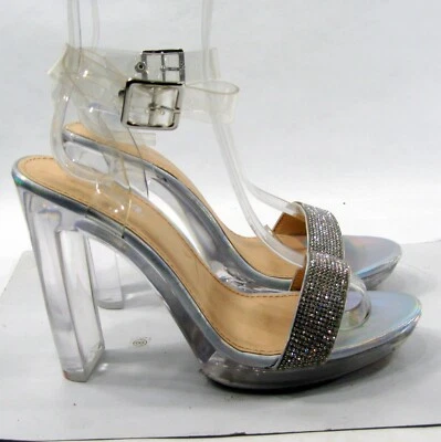 SODA Silver  4.5"BLOCK High Heel CLEAR ANKLE STRAP  Shoe Women Size  8 - Image 1 of 4