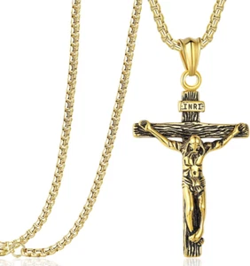 Jesus Christus auf INRI Kruzifix Gold Kreuz Anhänger Halskette Geschenk für Frauen Männer 24" - Bild 1 von 3