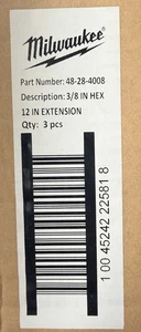 Milwaukee 48-28-4008 (3) Sechskant-Schraubenschlüssel 3/8" Bohrer 12" Verlängerungen - Bild 1 von 3