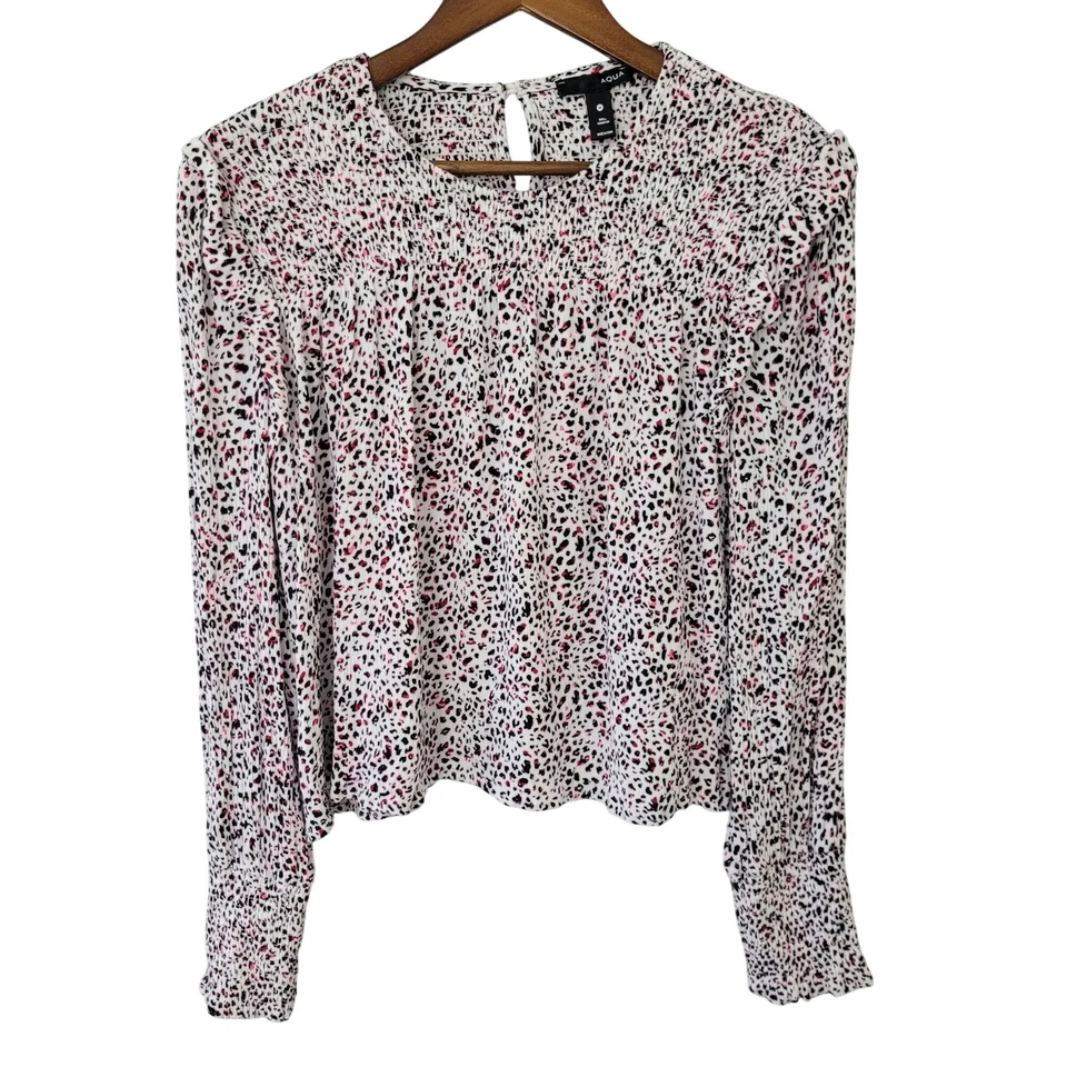 Aqua со сборками леопард печать блузка женщин Sz M белый розовый черный длинным рукавом  - Изображение 1 из 4