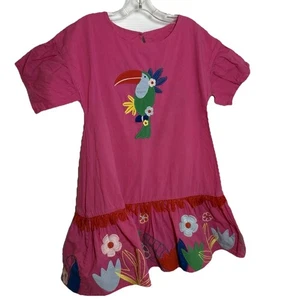 MINI BODEN Bright Pink Dress Size 4/5 Toucan Floral Appliqué Short Sleeve Tropic - Picture 1 of 10