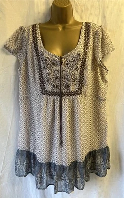 M&S Indigo Chiffon Short Sleeved Tile Boho Size 20 Gypsy Tunic Ruffle Frilly Top - Image 1 of 4