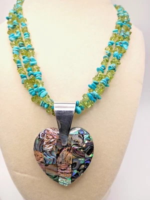 "NEW"Jay King DTR 925 Sterling TURQUOISE PERIDOT Necklace Abalone Heart Pendant  - Image 1 of 4