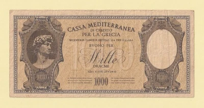 GREECE 1000 DRACHMAI 1941 P-M6 F++ CASSA MEDITERRANEA CREDITO GRECIA ITALIAN - Image 1 of 2