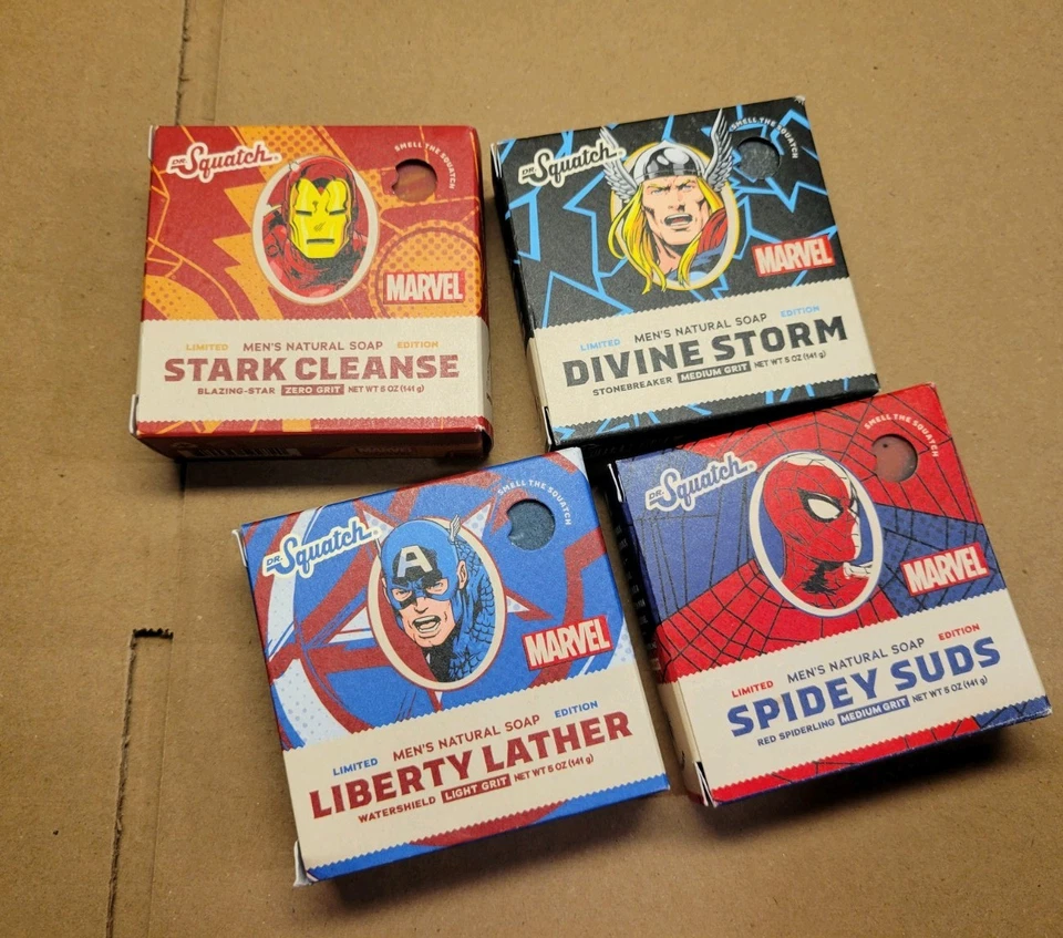 DR. SQUATCH Dr Squatch Spiderman Captain America Thor Iron Man Soap 4 Pack, Marvel Avengers