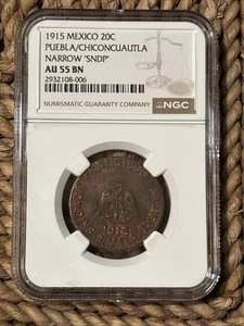 1915 Mexico 20 Centavos Puebla / Chiconcuautla Narrow "SNDP" NGC AU55 BN Coin - Picture 1 of 3