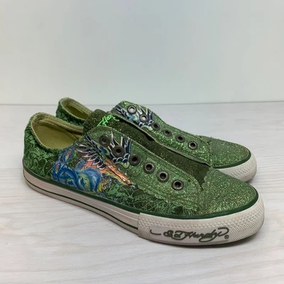 Ed Hardy Green Graphic Print No Lace Gliter Low Top Shoes Size 6 Y2K EUR 37 - Image 1 of 4