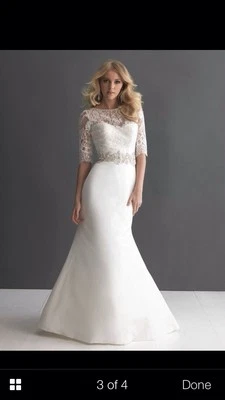 Wedding Dress 3/4 Sleeve, Mermaid, Lace, Zip-up, White, Button Back, Train 0 1 2 - Image 1 of 4