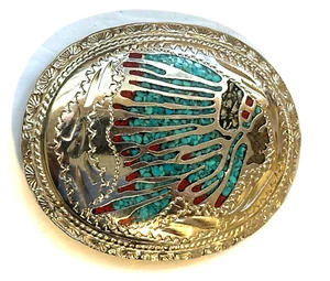 Vintage Silver Belt Buckle Inlaid Turquoise Coral Indian Chief Head Dress SSI - Picture 1 of 8
