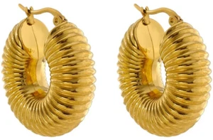 Elegant Brioche 18k Gold Hoops Earrings Ribbed Round Chunky Hoop Snail Twist UK - Picture 1 of 7