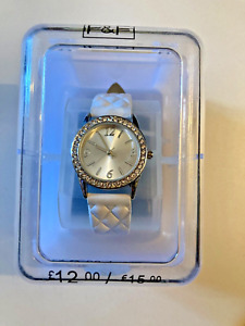 F&F watch silver face white strap faux leather