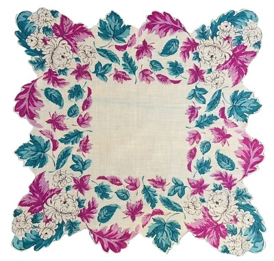 Pañuelo vintage para damas estampado floral/hoja verde azulado/blanco/púrpura festoneado grande Foto 1 de 4