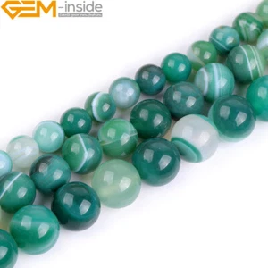 Natural Gemstone Green Stripe Banded Agate Round Beads For Jewellery Making 15"U - Picture 1 of 36