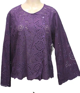 Top blusa Hibis pizzo lavoro occhielli manica lunga ricamato viola taglia XL - Foto 1 di 9