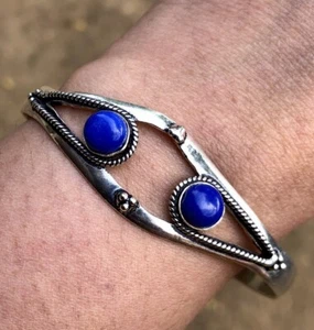 Handmade Cuff Bangle Jewelry German Silver, Natural Lapis Lazuli Gemstone 6 - Picture 1 of 7