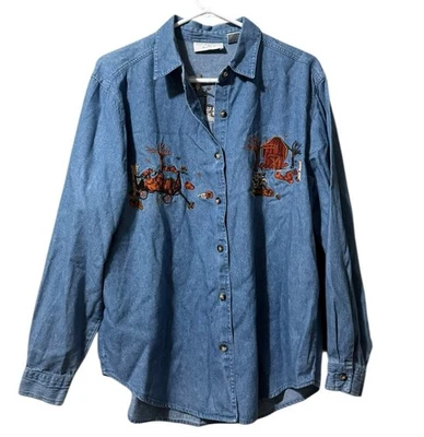 Christopher & Banks Women Sz Large Button Down Denim Shirt Embroidered Fall VTG - Image 1 of 4