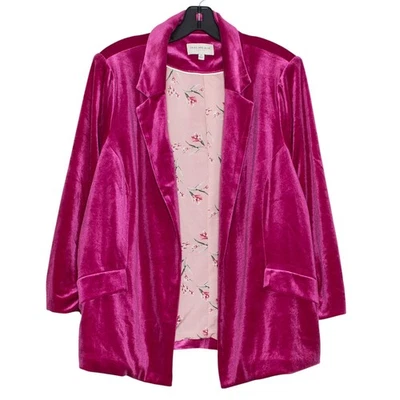 Velvet Blazer 3/4 Sleeve Y2K 90s Retro Statement Bold Open Magenta Plus Size 1X - Image 1 of 4