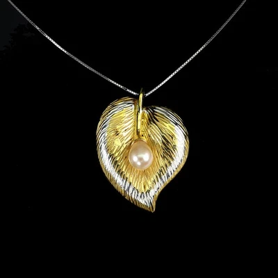 925 Sterling Silver Necklace Drop Pearl 10x6mm Natural Leaf Jewelry 18inches - Image 1 of 4