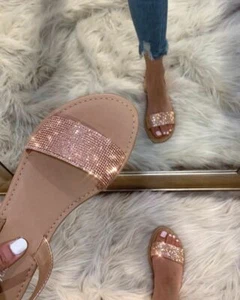 Jeweled Rhinestone Crystal Open Toe Slingback Slides Flat Sandal Shoe Flip Flops - Picture 1 of 8