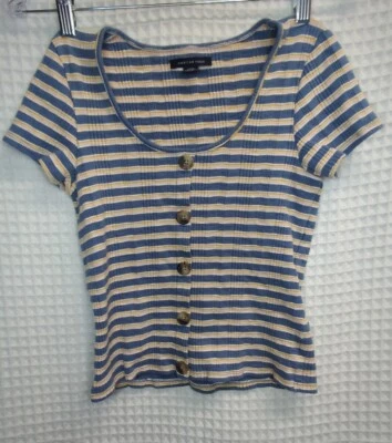 Camisa American Eagle Mujer Mediana Azul Amarillo Beige Rayas Botón Delantero Talla S Foto 1 de 4